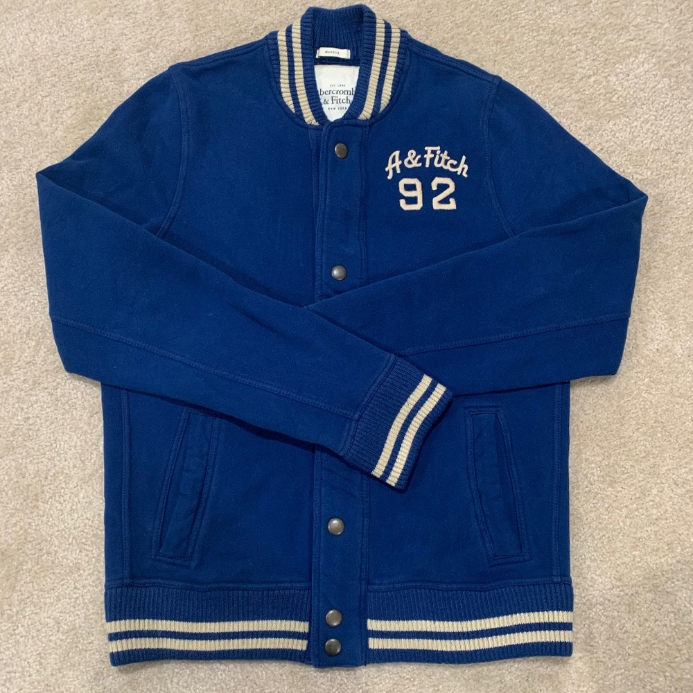 Abercrombie & Fitch Track Varsity Jacket Mens Blue White Tan Size XXL